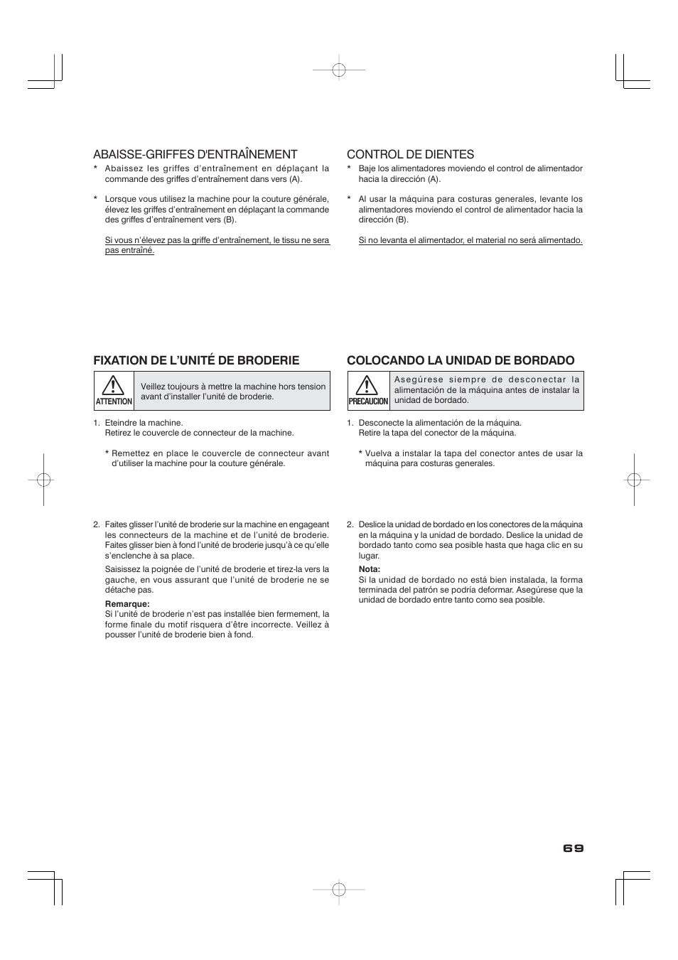 Abaisse-griffes d'entraînement, Fixation de l’unité de broderie, Control de dientes | Colocando la unidad de bordado | SINGER CE-100 Futura User Manual | Page 69 / 100