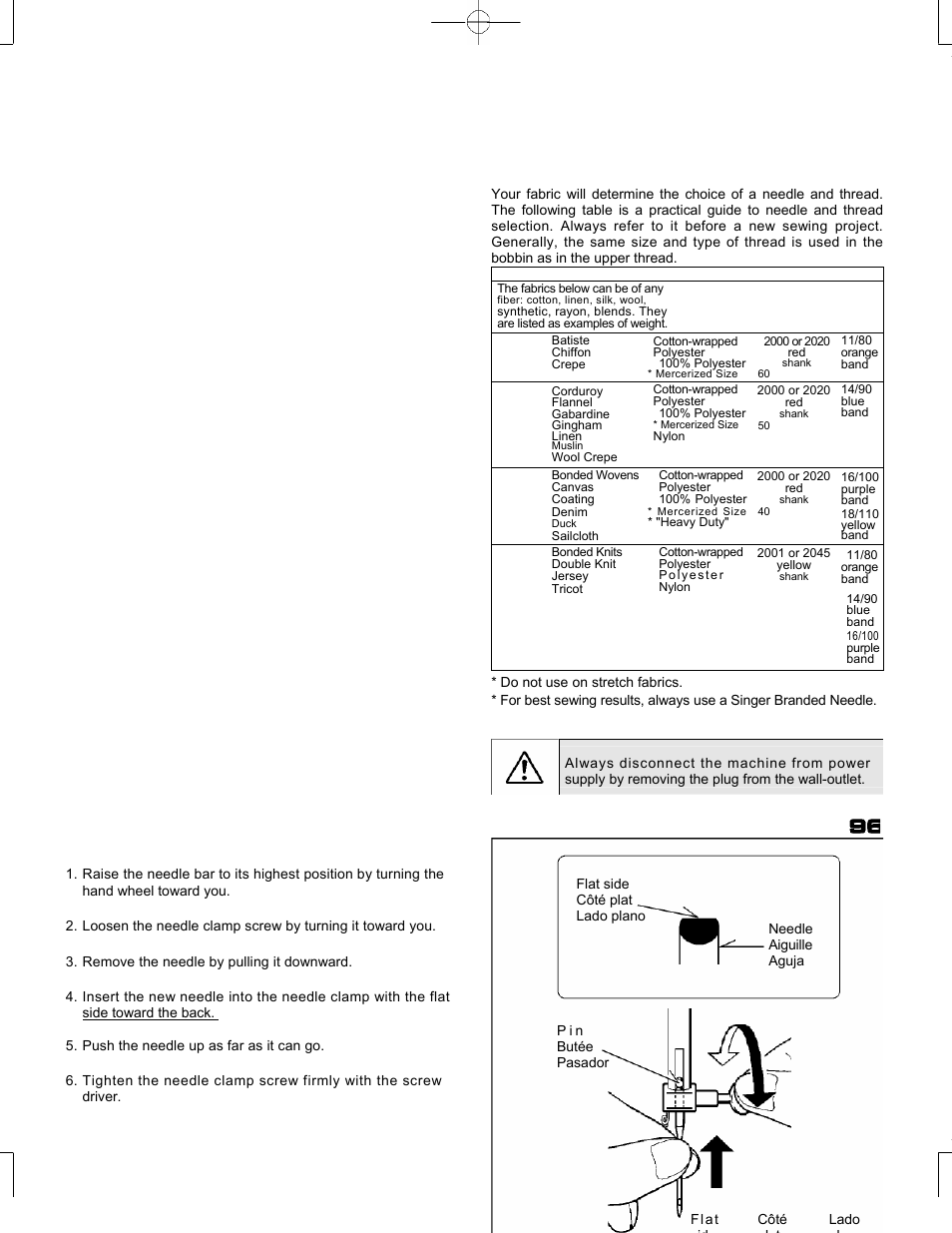 Needle, thread and fabric chart, Changing the needle | SINGER CE-150 Futura User Manual | Page 100 / 127