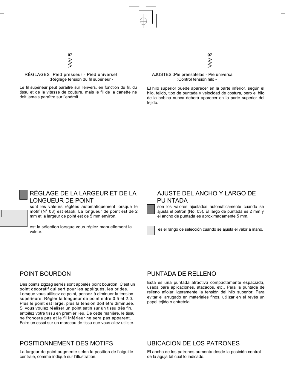 Point bourdon, Puntada de relleno, Positionnement des motifs | Ubicacion de los patrones, Point zigzag puntada zig-zag | SINGER CE-150 Futura User Manual | Page 41 / 127