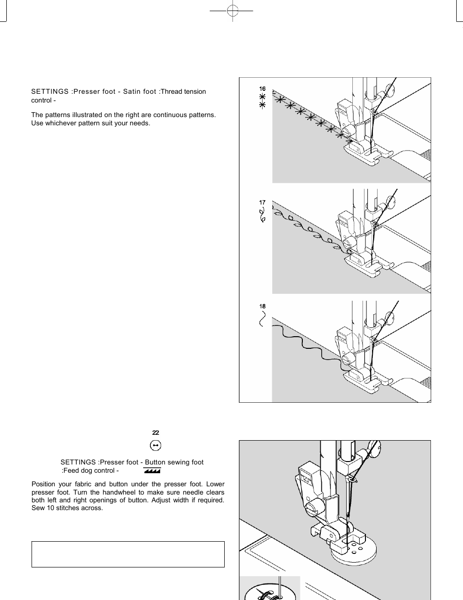 Continuous decorative patterns, Sewing on a button | SINGER CE-150 Futura User Manual | Page 54 / 127