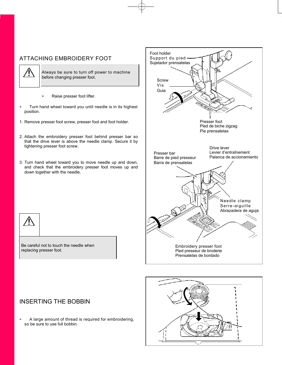 Preparation for embroidery sewing, Before attaching embroidery unit, Inserting the bobbin | SINGER CE-150 Futura User Manual | Page 62 / 127