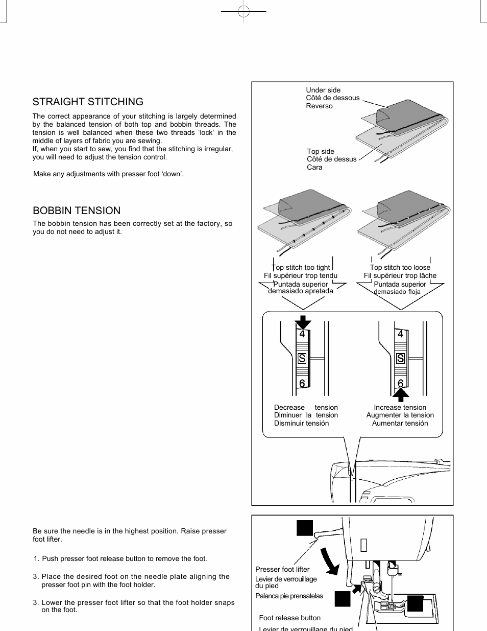 Adjusting top thread tension straight stitching, Bobbin tension, Changing presser foot | SINGER CE-150 Futura User Manual | Page 96 / 127