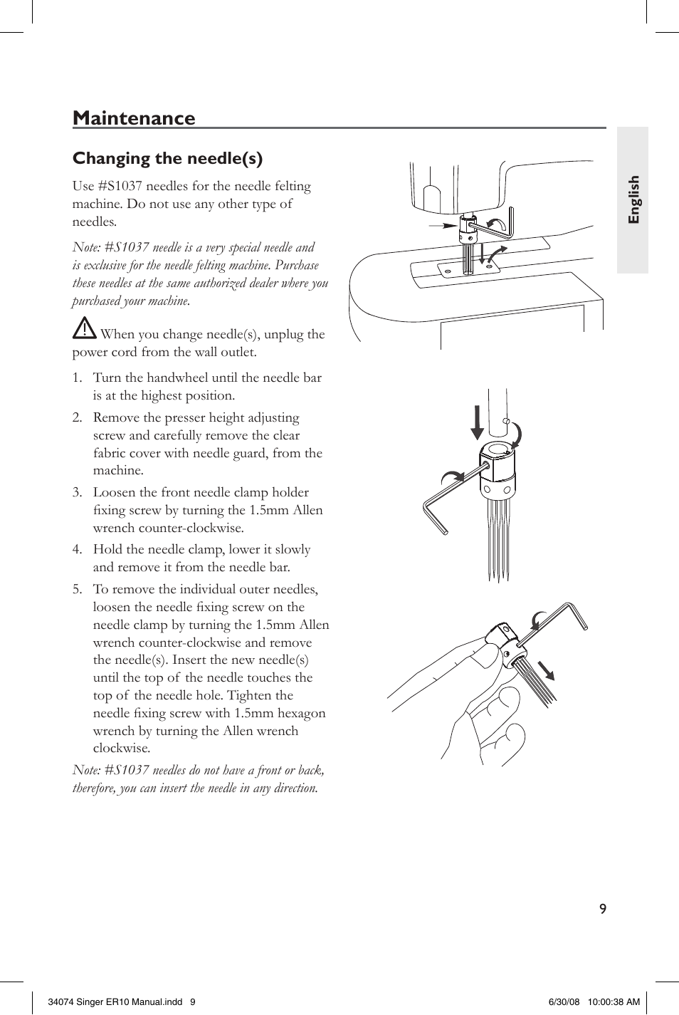 Maintenance, Accessory storage, Flat bed extension / free arm | Changing the needle(s) | SINGER ER-10 Felting Machine User Manual | Page 9 / 12
