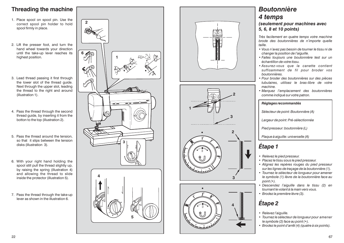 Boutonnière 4 temps, Étape 1 étape 2, Threading the machine | SINGER HD110 User Manual | Page 24 / 46