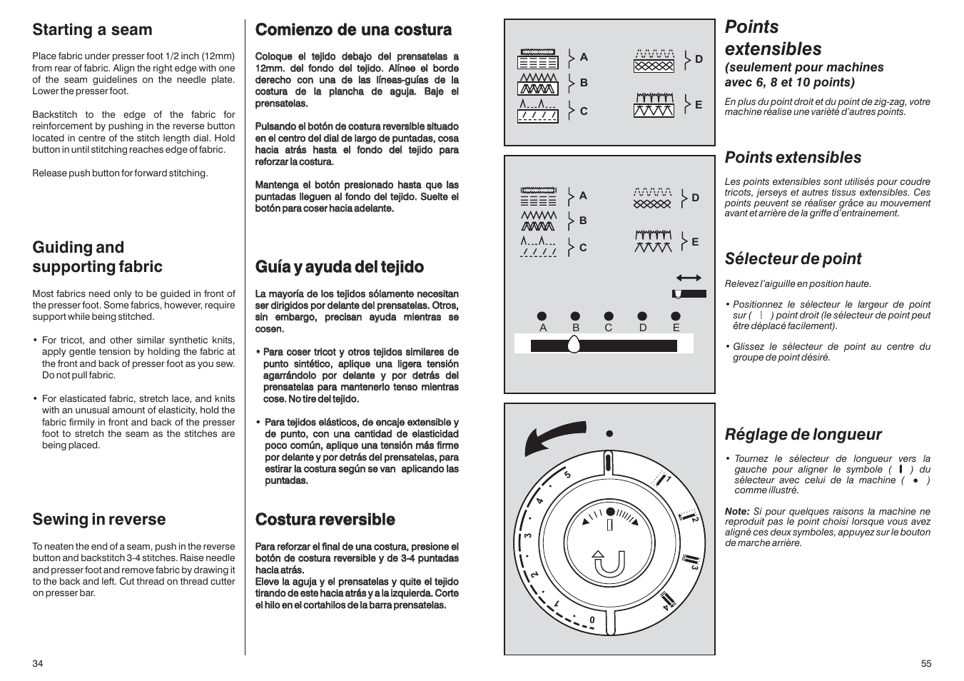 Points extensibles, Starting a seam guiding and supporting fabric, Sewing in reverse | Comienzo de una costura guía y ayuda del tejido, Costura reversible | SINGER HD110 User Manual | Page 36 / 46