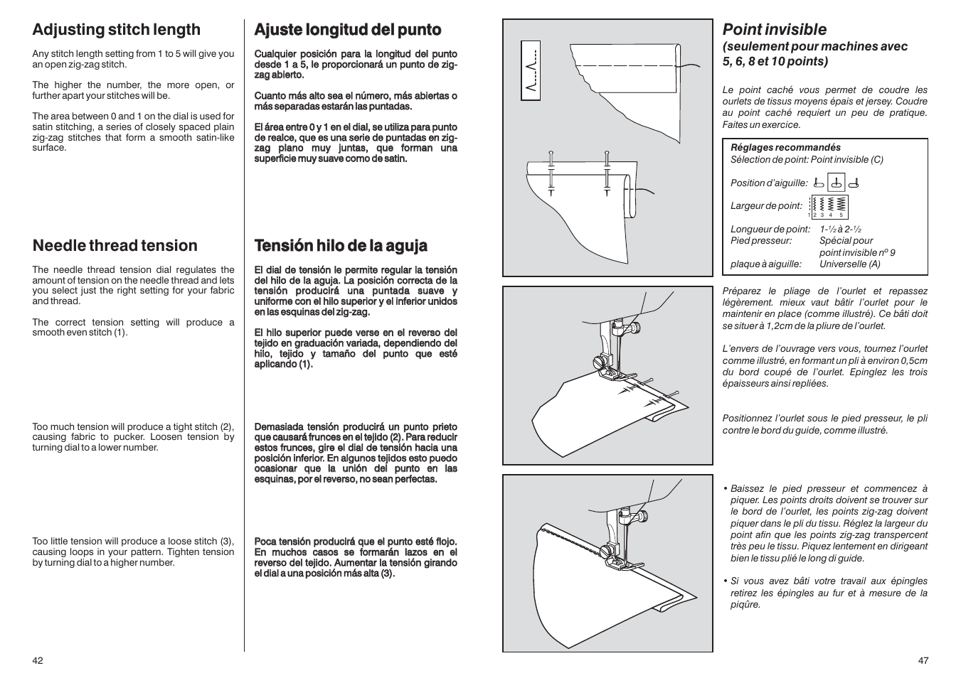 Adjusting stitch length needle thread tension, Ajuste longitud del punto tensión hilo de la aguja, Point invisible | SINGER HD110 User Manual | Page 44 / 46