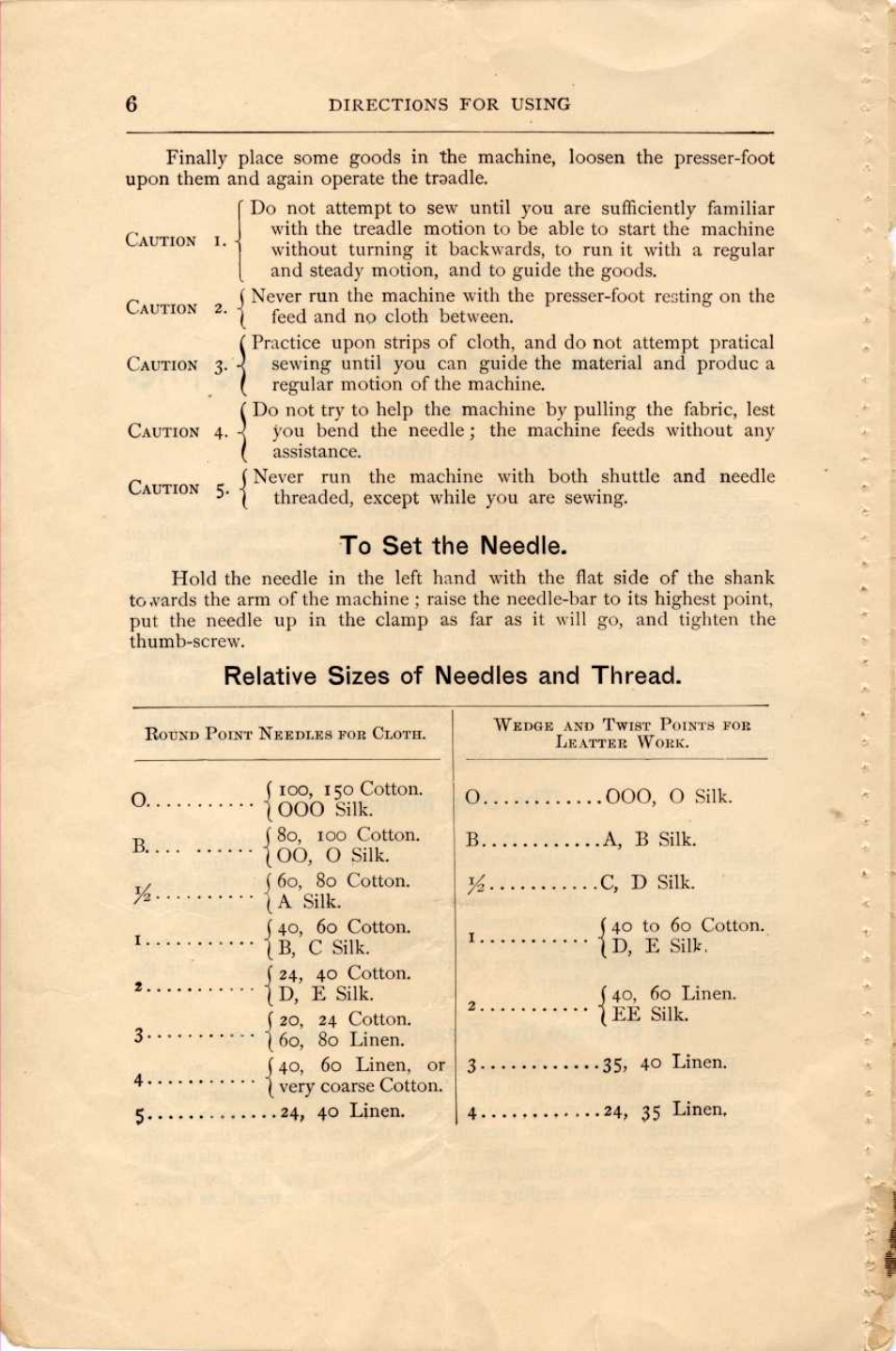 Relative sizes of needles and thread | SINGER M100A User Manual | Page 8 / 22