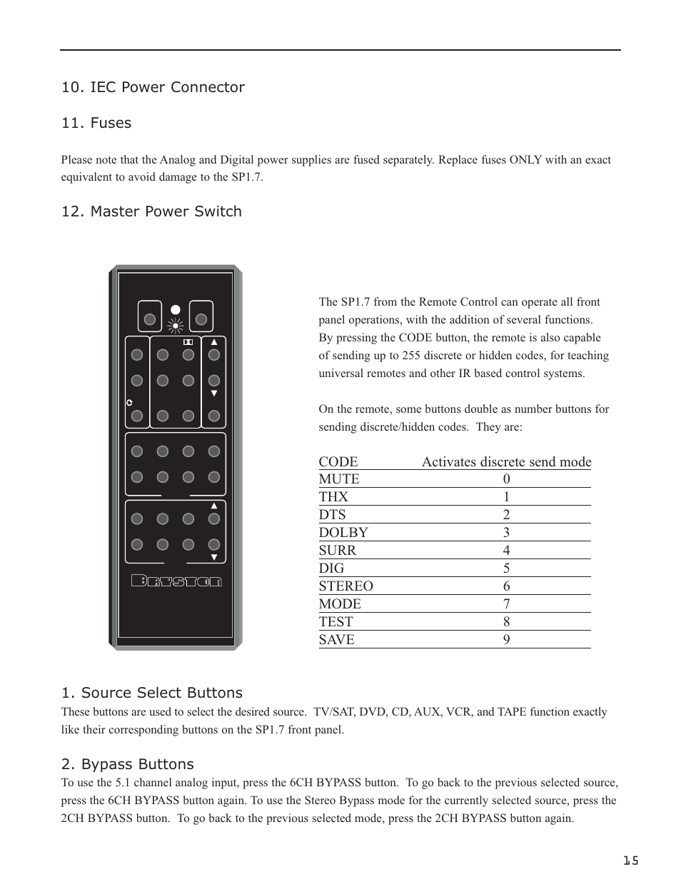 The sp1.7 remote control, Iec power connector 11. fuses, Master power switch | Bypass buttons | Bryston SP1.7 User Manual | Page 17 / 40