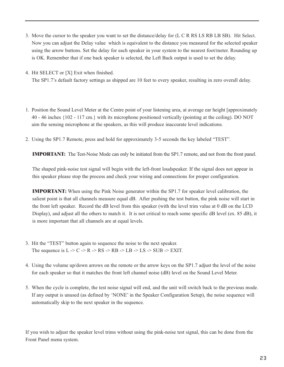 Setting channel levels without pink noise | Bryston SP1.7 User Manual | Page 25 / 40