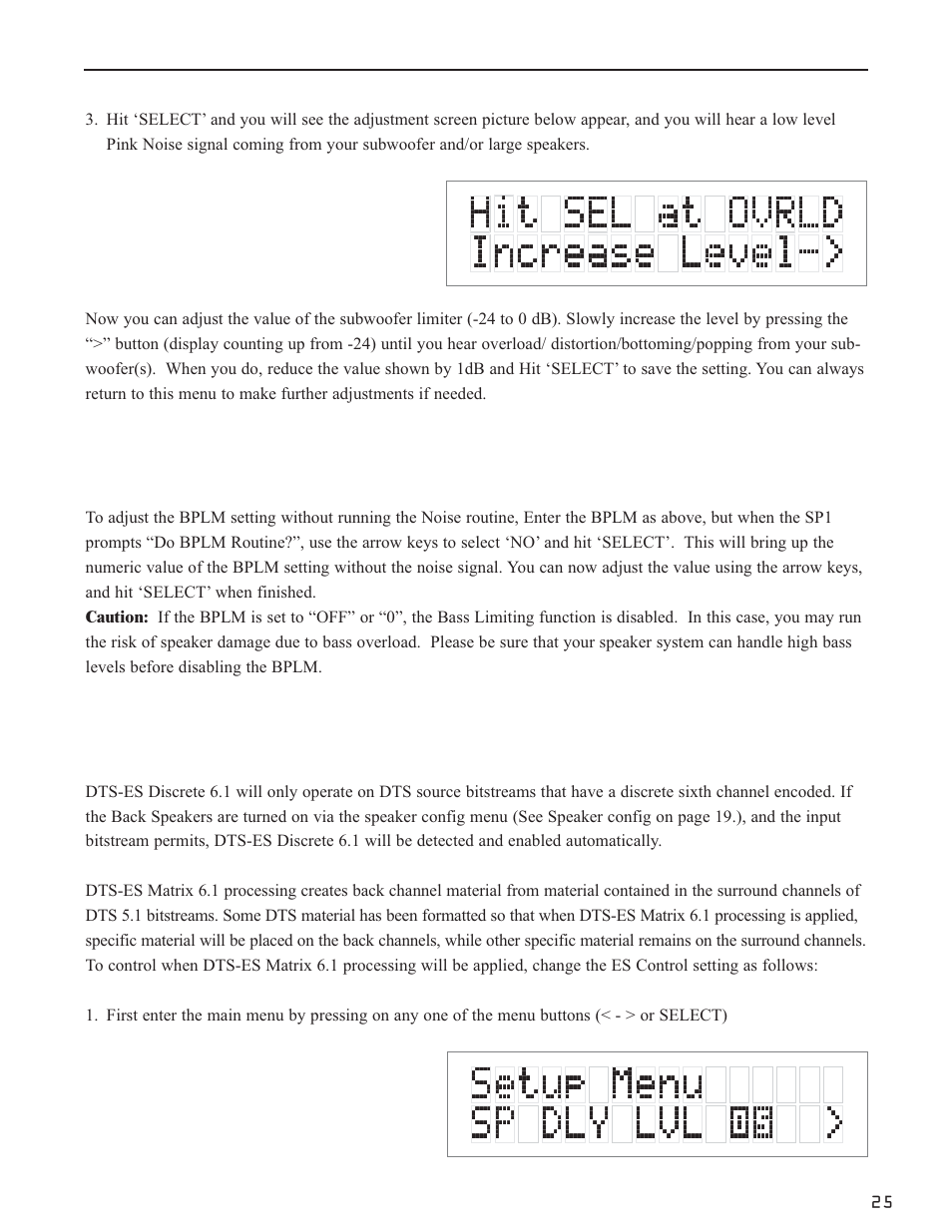 Setting the bplm without pink noise, Enabling dts-es 6.1 decoding | Bryston SP1.7 User Manual | Page 27 / 40