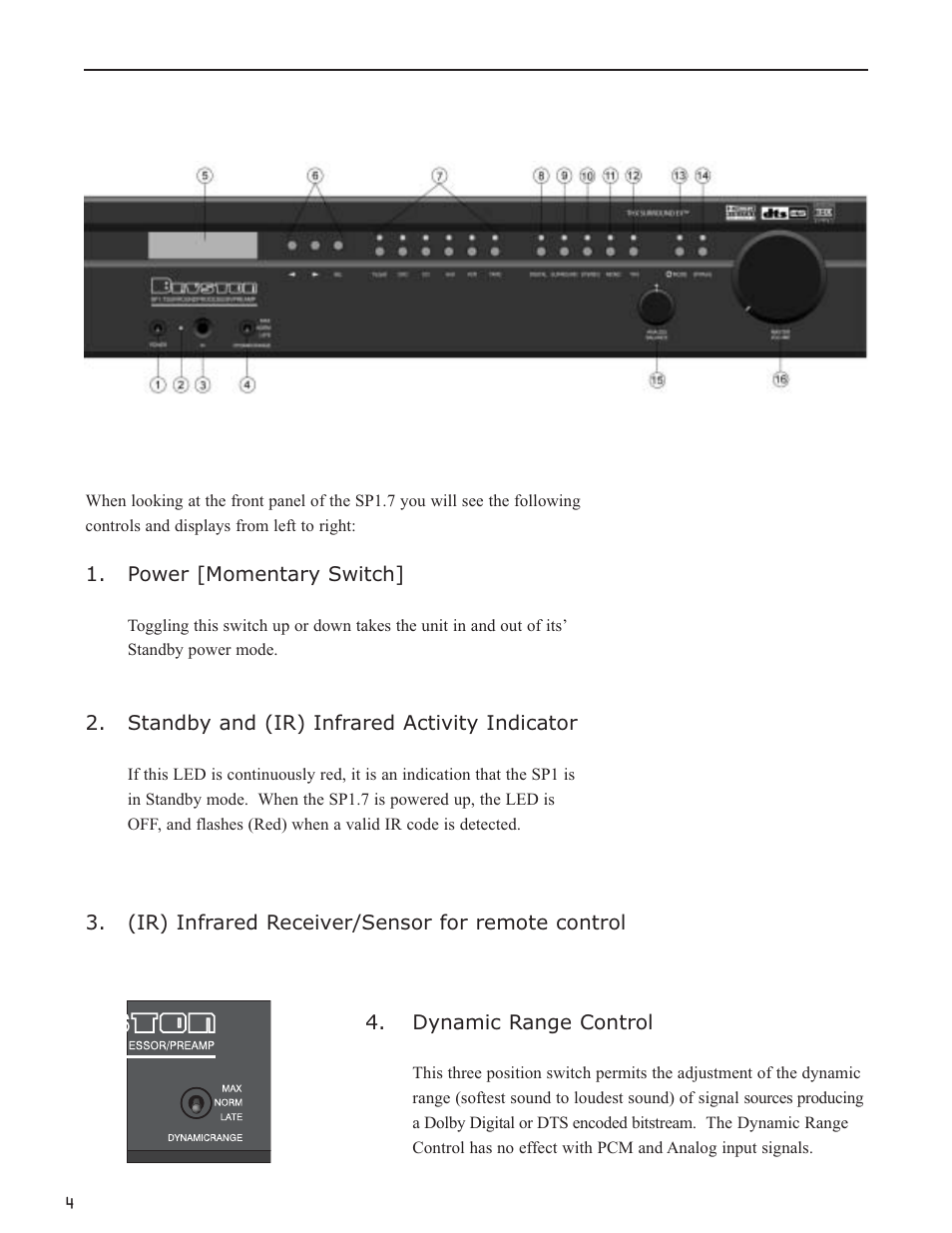 Front panel controls and indicators | Bryston SP1.7 User Manual | Page 6 / 40