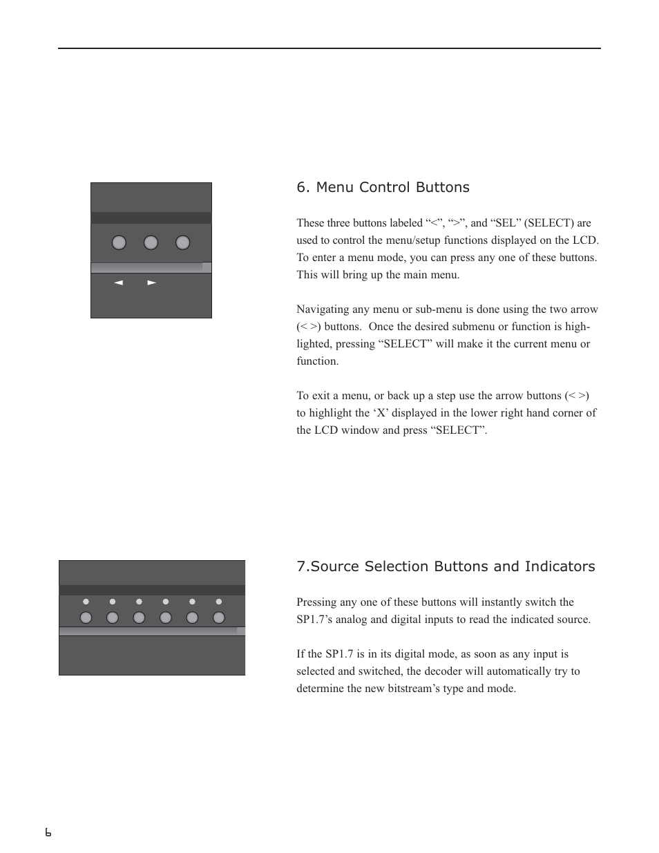 Menu control buttons, Source selection buttons and indicators | Bryston SP1.7 User Manual | Page 8 / 40