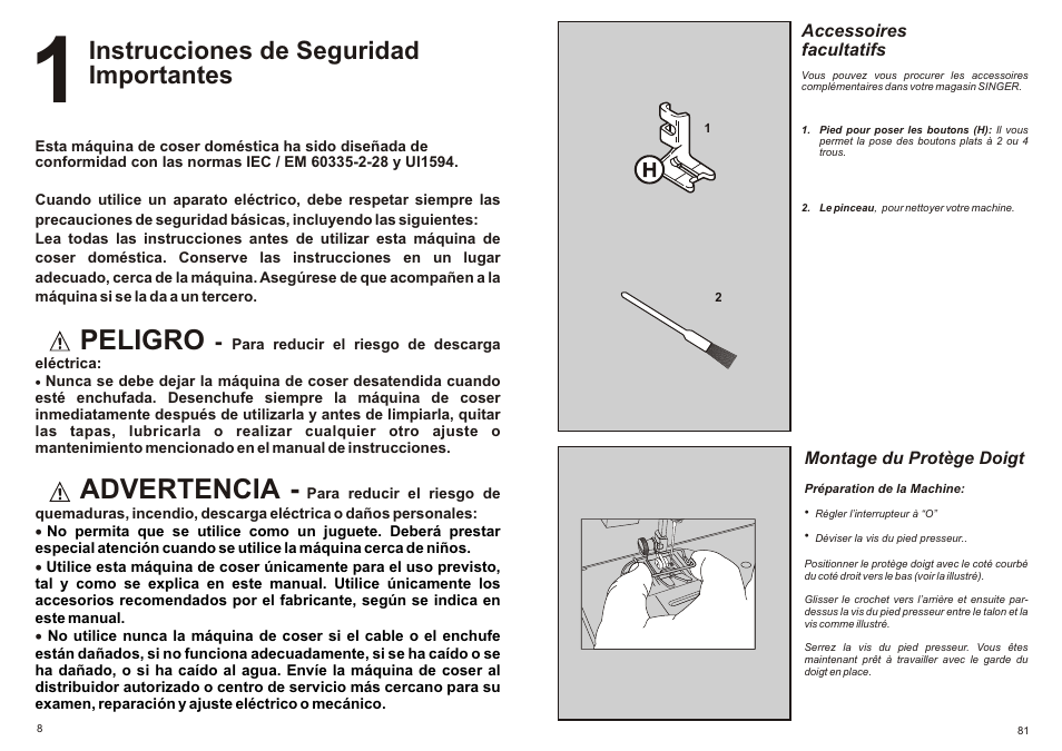 Peligro, Advertencia, Instrucciones de seguridad importantes | SINGER P-1250 PROFESSIONAL Instruction Manual User Manual | Page 10 / 46
