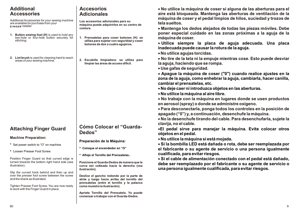 Accesorios adicionales, Additional accessories, Attaching finger guard | Cómo colocar el “guarda- dedos | SINGER P-1250 PROFESSIONAL Instruction Manual User Manual | Page 11 / 46