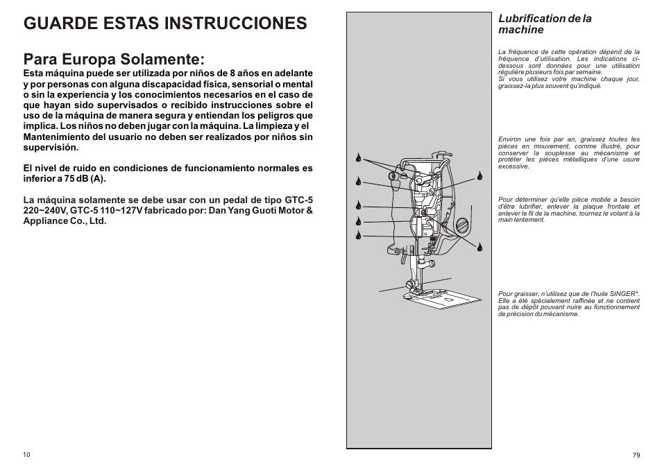 Guarde estas instrucciones, Para europa solamente | SINGER P-1250 PROFESSIONAL Instruction Manual User Manual | Page 12 / 46