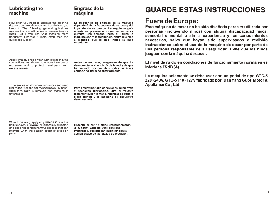 Guarde estas instrucciones, Fuera de europa, Lubricating the machine | Engrase de la máquina | SINGER P-1250 PROFESSIONAL Instruction Manual User Manual | Page 13 / 46