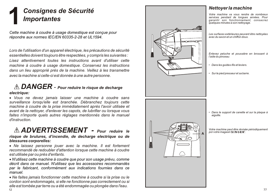 Danger, Advertissement, Consignes de sécurité importantes | SINGER P-1250 PROFESSIONAL Instruction Manual User Manual | Page 14 / 46