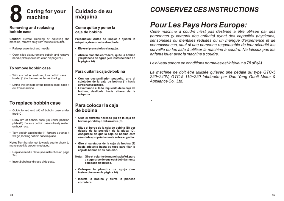 Pour les pays hors europe, Conservez ces instructions, Caring for your machine | Cuidado de su máquina, Para colocar la caja de bobina | SINGER P-1250 PROFESSIONAL Instruction Manual User Manual | Page 17 / 46