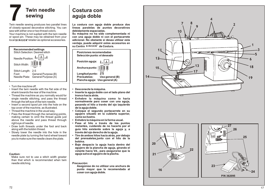 Twin needle sewing, Costura con aguja doble | SINGER P-1250 PROFESSIONAL Instruction Manual User Manual | Page 19 / 46