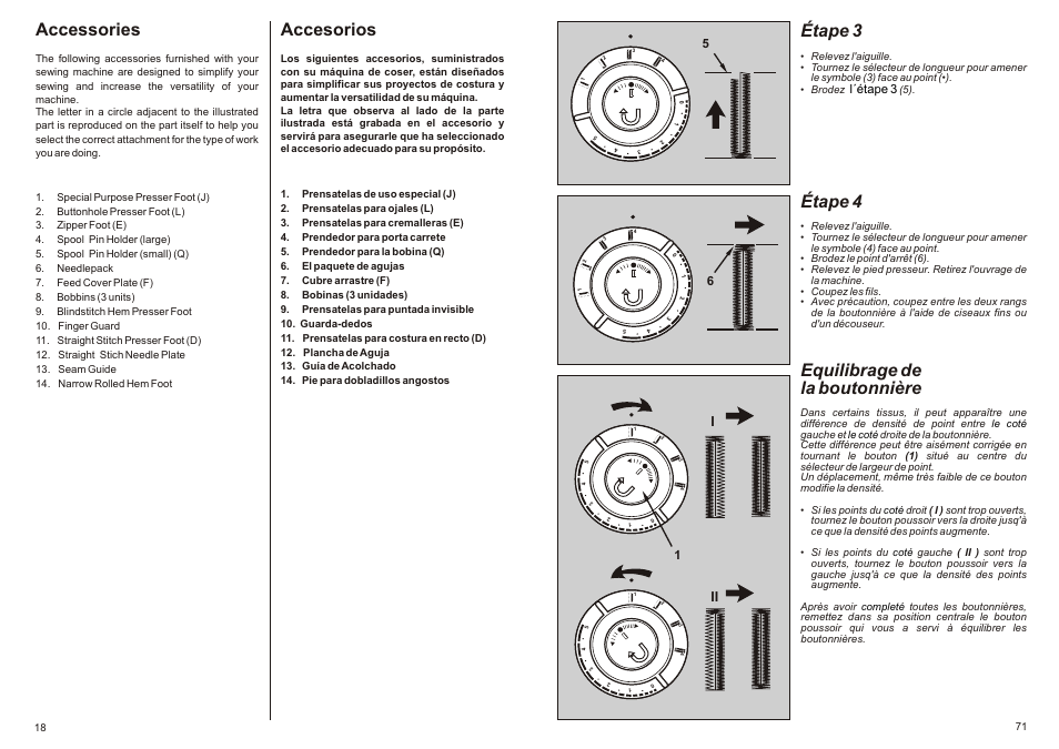 Étape 3, Étape 4, Equilibrage de la boutonnière | Accessories, Accesorios | SINGER P-1250 PROFESSIONAL Instruction Manual User Manual | Page 20 / 46