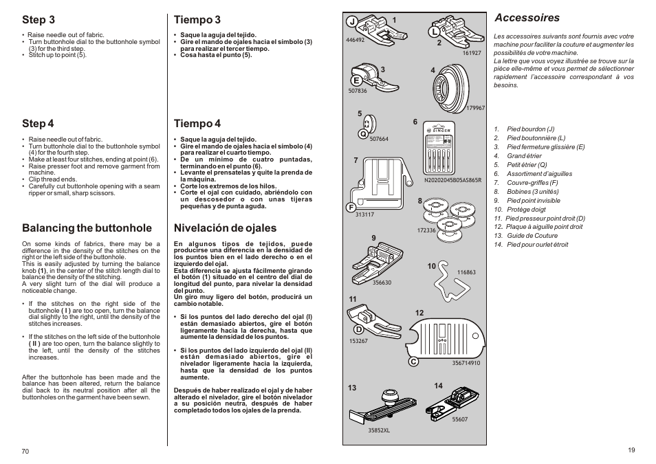 Step 3, Step 4, Balancing the buttonhole | Tiempo 3, Tiempo 4, Nivelación de ojales, Accessoires | SINGER P-1250 PROFESSIONAL Instruction Manual User Manual | Page 21 / 46
