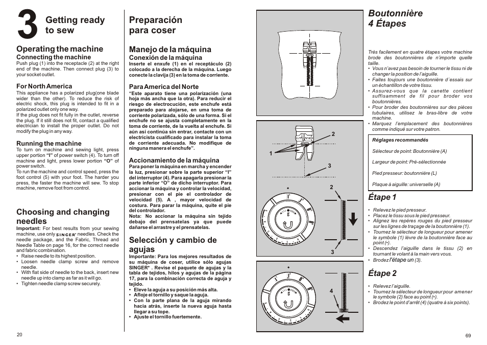 Getting ready to sew, Preparación para coser, Boutonnière 4 étapes | Operating the machine, Choosing and changing needles, Manejo de la máquina, Selección y cambio de agujas, Étape 1, Étape 2 | SINGER P-1250 PROFESSIONAL Instruction Manual User Manual | Page 22 / 46