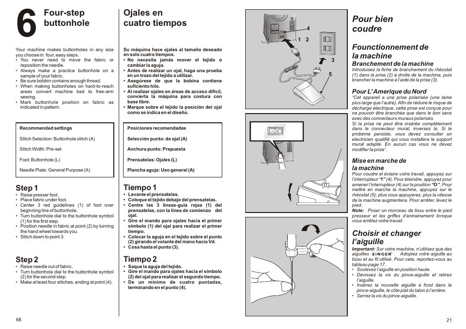 Pour bien coudre, Four-step buttonhole, Ojales en cuatro tiempos | Founctionnement de la machine, Choisir et changer l’aiguille, Step 1, Step 2, Tiempo 1, Tiempo 2 | SINGER P-1250 PROFESSIONAL Instruction Manual User Manual | Page 23 / 46
