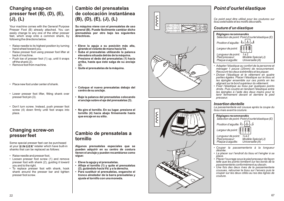Changing screw-on presser feet, Cambio de prensatelas a tornillo, Point d’ourlet élastique | SINGER P-1250 PROFESSIONAL Instruction Manual User Manual | Page 24 / 46