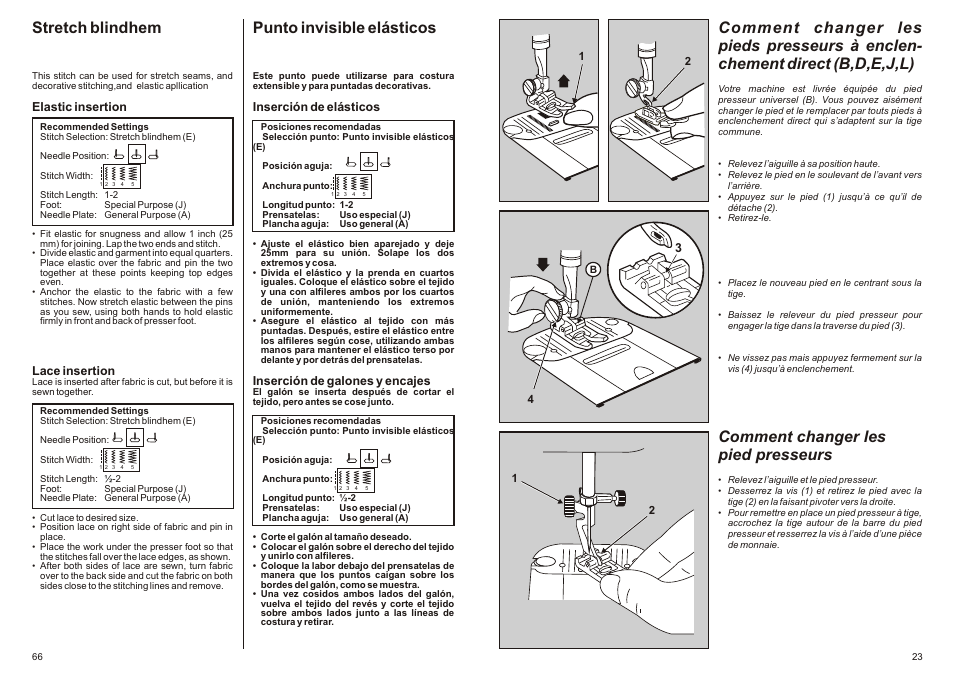 Comment changer les pied presseurs, Punto invisible elásticos, Stretch blindhem | SINGER P-1250 PROFESSIONAL Instruction Manual User Manual | Page 25 / 46