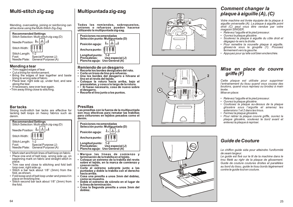 Comment changer la plaque à aiguille (a), (c), Multi-stitch zig-zag, Multipuntada zig-zag | Mise en place du couvre griffe (f), Guide de couture | SINGER P-1250 PROFESSIONAL Instruction Manual User Manual | Page 27 / 46