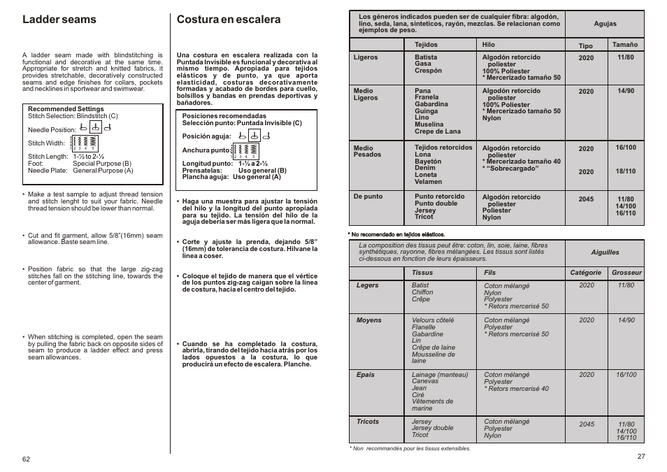 Ladder seams, Costura en escalera | SINGER P-1250 PROFESSIONAL Instruction Manual User Manual | Page 29 / 46