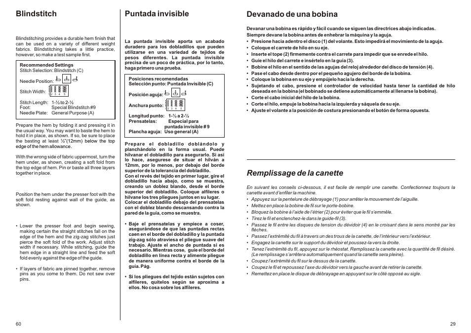 Devanado de una bobina, Remplissage de la canette, Puntada invisible | Blindstitch | SINGER P-1250 PROFESSIONAL Instruction Manual User Manual | Page 31 / 46