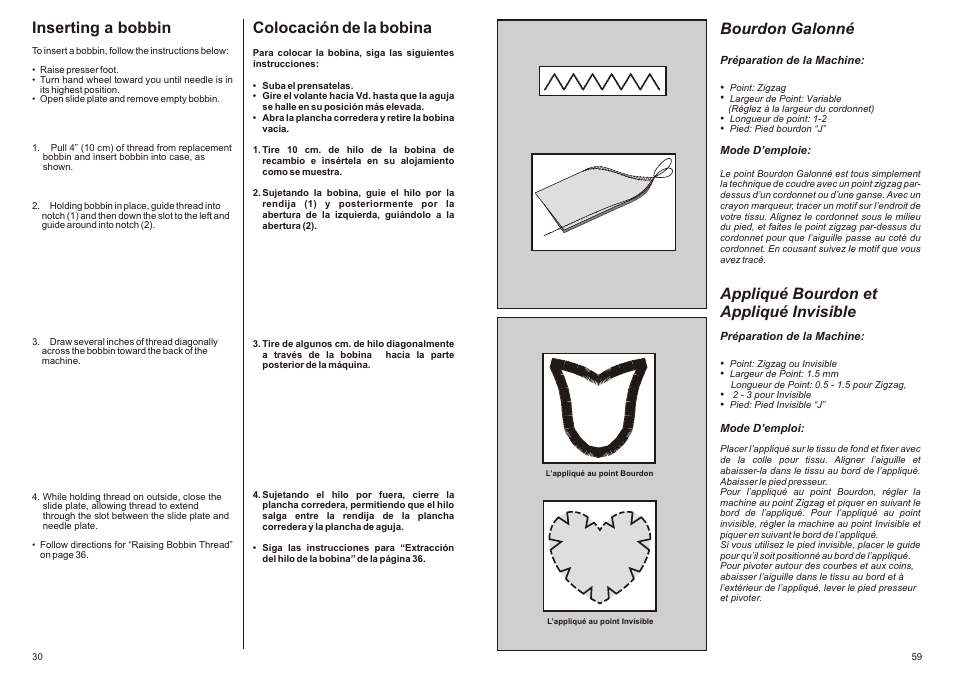 Inserting a bobbin, Colocación de la bobina, Bourdon galonné | Appliqué bourdon et appliqué invisible | SINGER P-1250 PROFESSIONAL Instruction Manual User Manual | Page 32 / 46