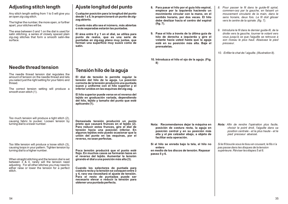 Adjusting stitch length, Needle thread tension, Ajuste longitud del punto | Tensión hilo de la aguja | SINGER P-1250 PROFESSIONAL Instruction Manual User Manual | Page 37 / 46