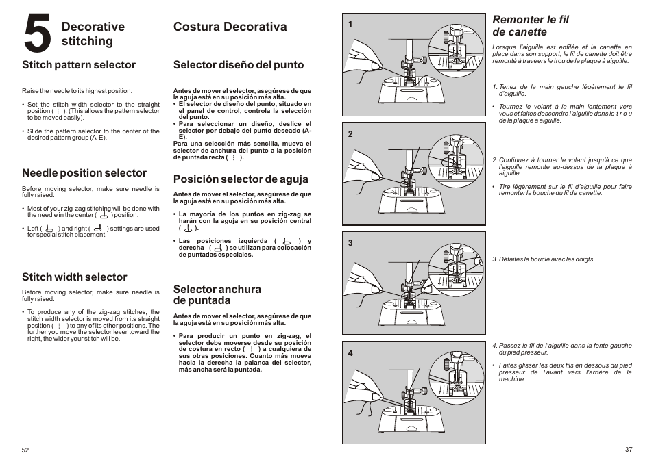 Costura decorativa, Decorative stitching, Remonter le fil de canette | Selector diseño del punto, Posición selector de aguja, Selector anchura de puntada, Stitch pattern selector, Needle position selector, Stitch width selector | SINGER P-1250 PROFESSIONAL Instruction Manual User Manual | Page 39 / 46