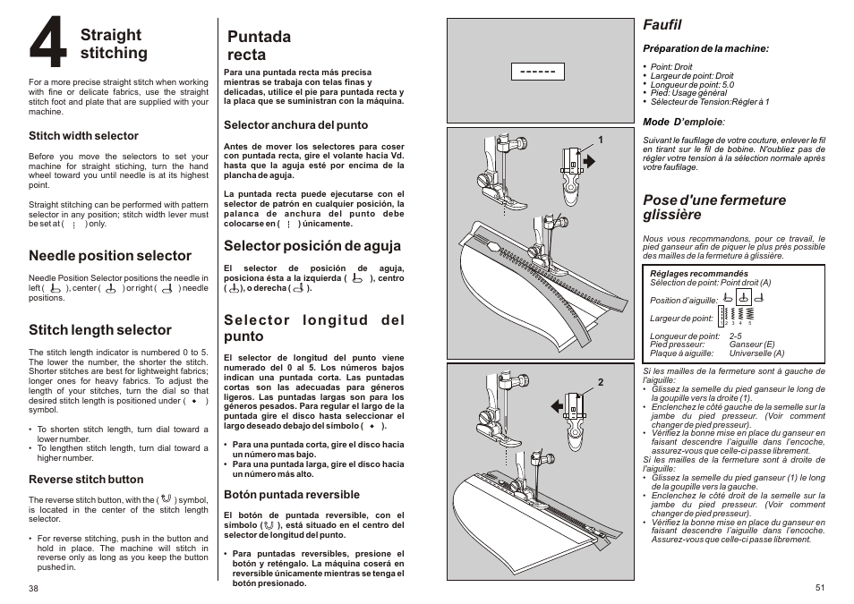 Straight stitching, Puntada recta, Needle position selector | Stitch length selector, Selector posición de aguja, Selector longitud del punto, Faufil, Pose d'une fermeture glissière | SINGER P-1250 PROFESSIONAL Instruction Manual User Manual | Page 40 / 46