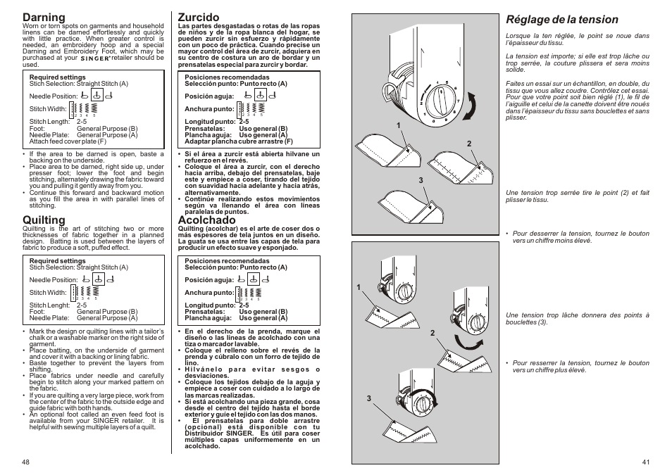Réglage de la tension, Darning, Quilting | Zurcido, Acolchado | SINGER P-1250 PROFESSIONAL Instruction Manual User Manual | Page 43 / 46