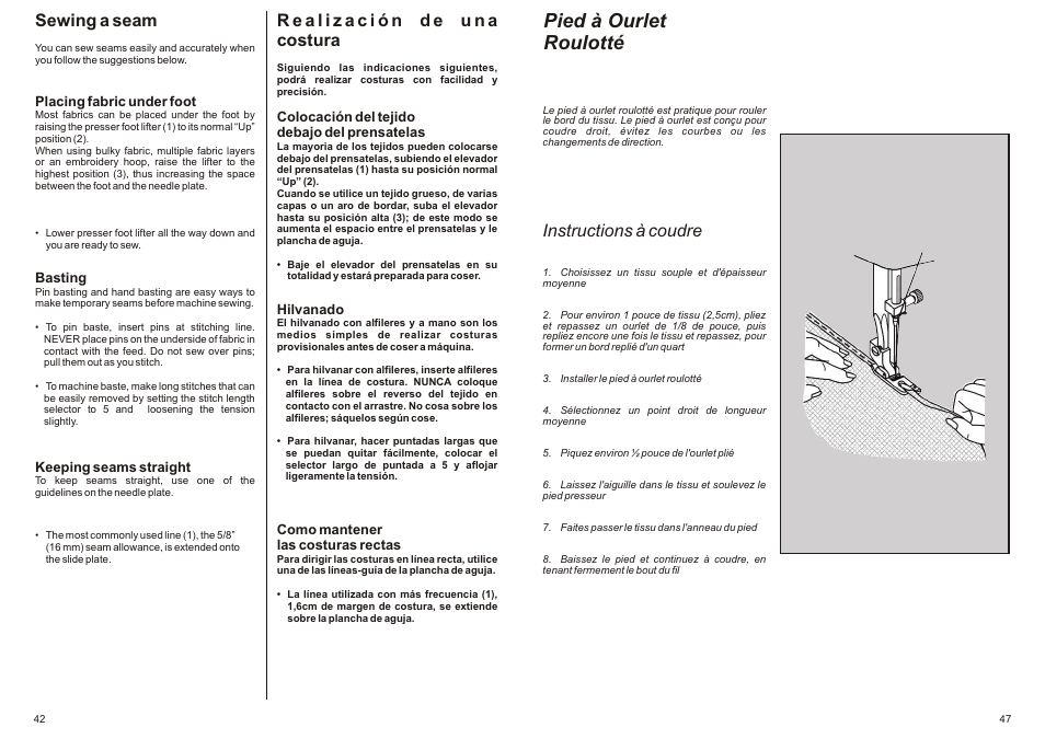 Pied à ourlet roulotté, Sewing a seam, Instructions à coudre | SINGER P-1250 PROFESSIONAL Instruction Manual User Manual | Page 44 / 46