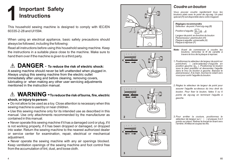 Danger, Warning, Important safety instructions | SINGER P-1250 PROFESSIONAL Instruction Manual User Manual | Page 6 / 46