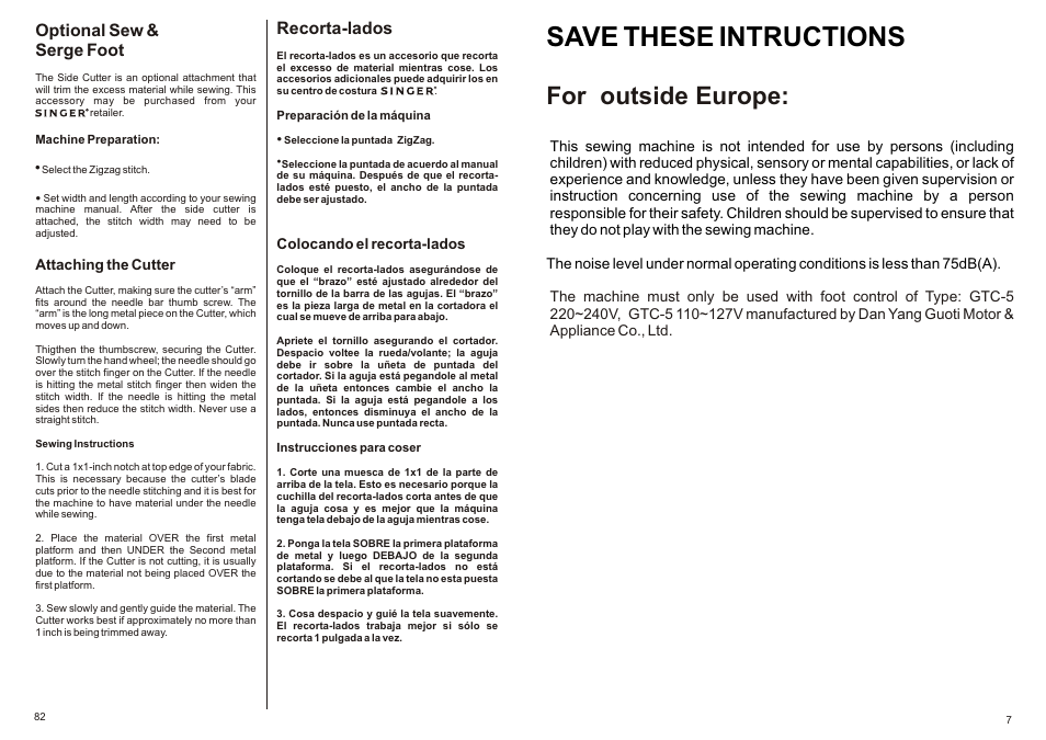 Save these intructions, For outside europe, Optional sew & serge foot | Recorta-lados | SINGER P-1250 PROFESSIONAL Instruction Manual User Manual | Page 9 / 46