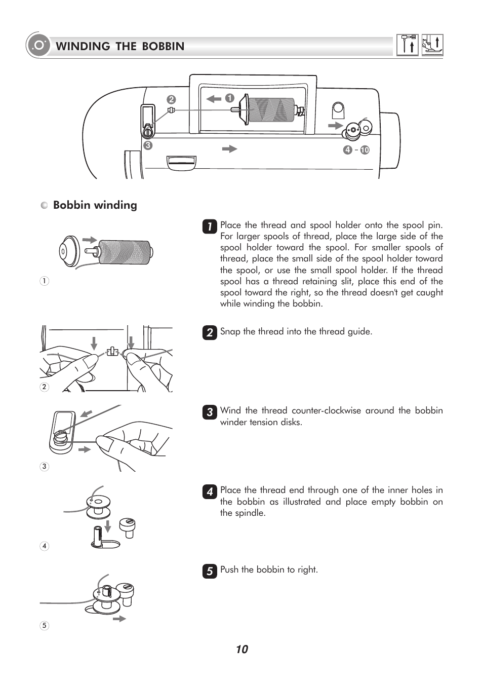 10 bobbin winding winding the bobbin | SINGER PSW 1.00-WORKBOOK User Manual | Page 15 / 242