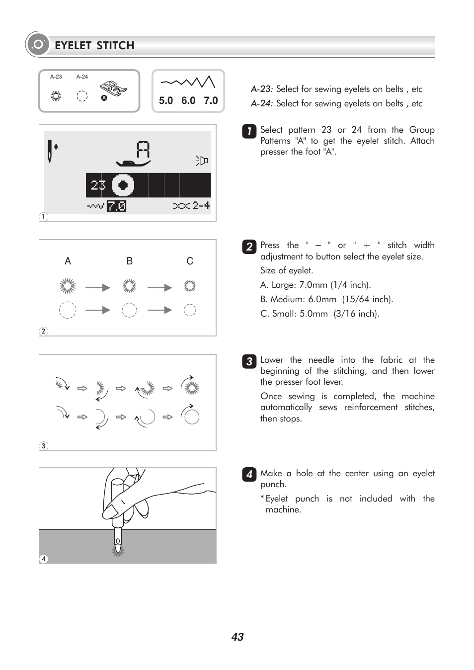 43 eyelet stitch | SINGER PSW 1.00-WORKBOOK User Manual | Page 48 / 242