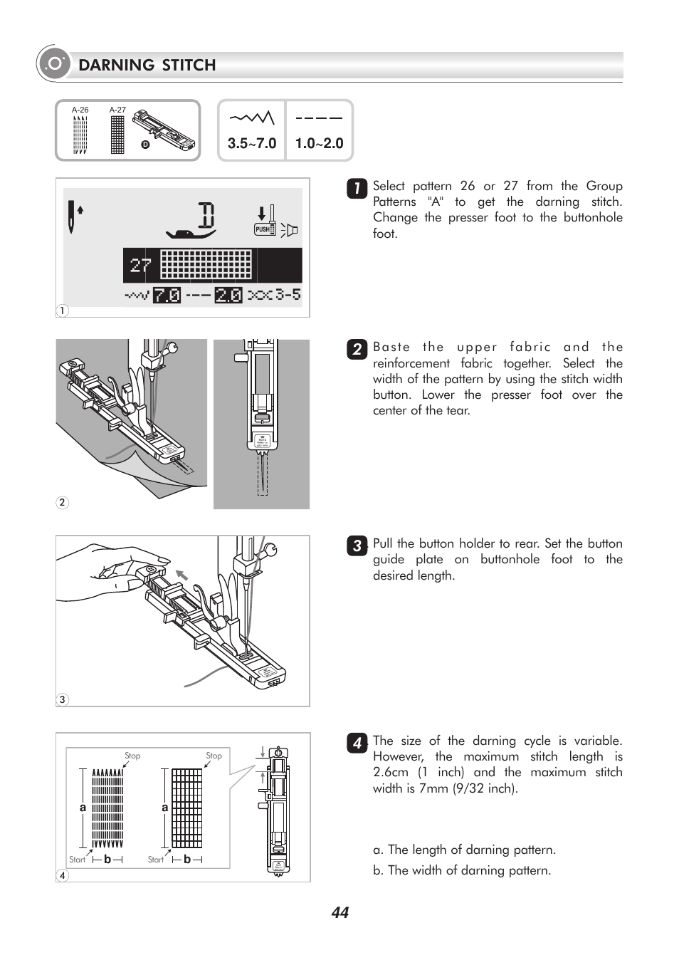 44 darning stitch | SINGER PSW 1.00-WORKBOOK User Manual | Page 49 / 242