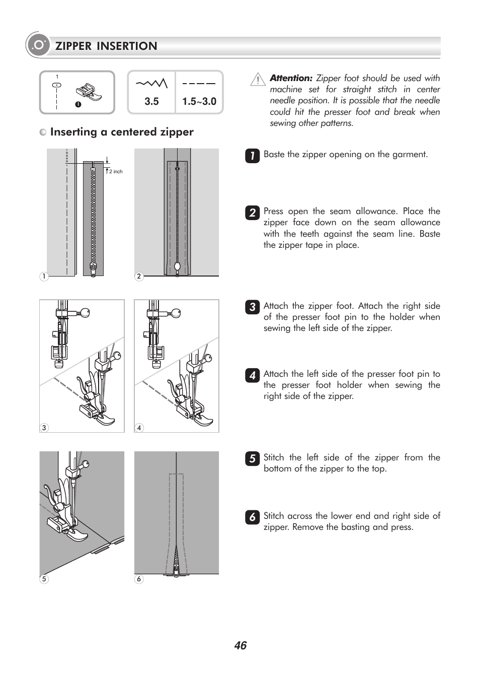 46 zipper insertion, Inserting a centered zipper | SINGER PSW 1.00-WORKBOOK User Manual | Page 51 / 242