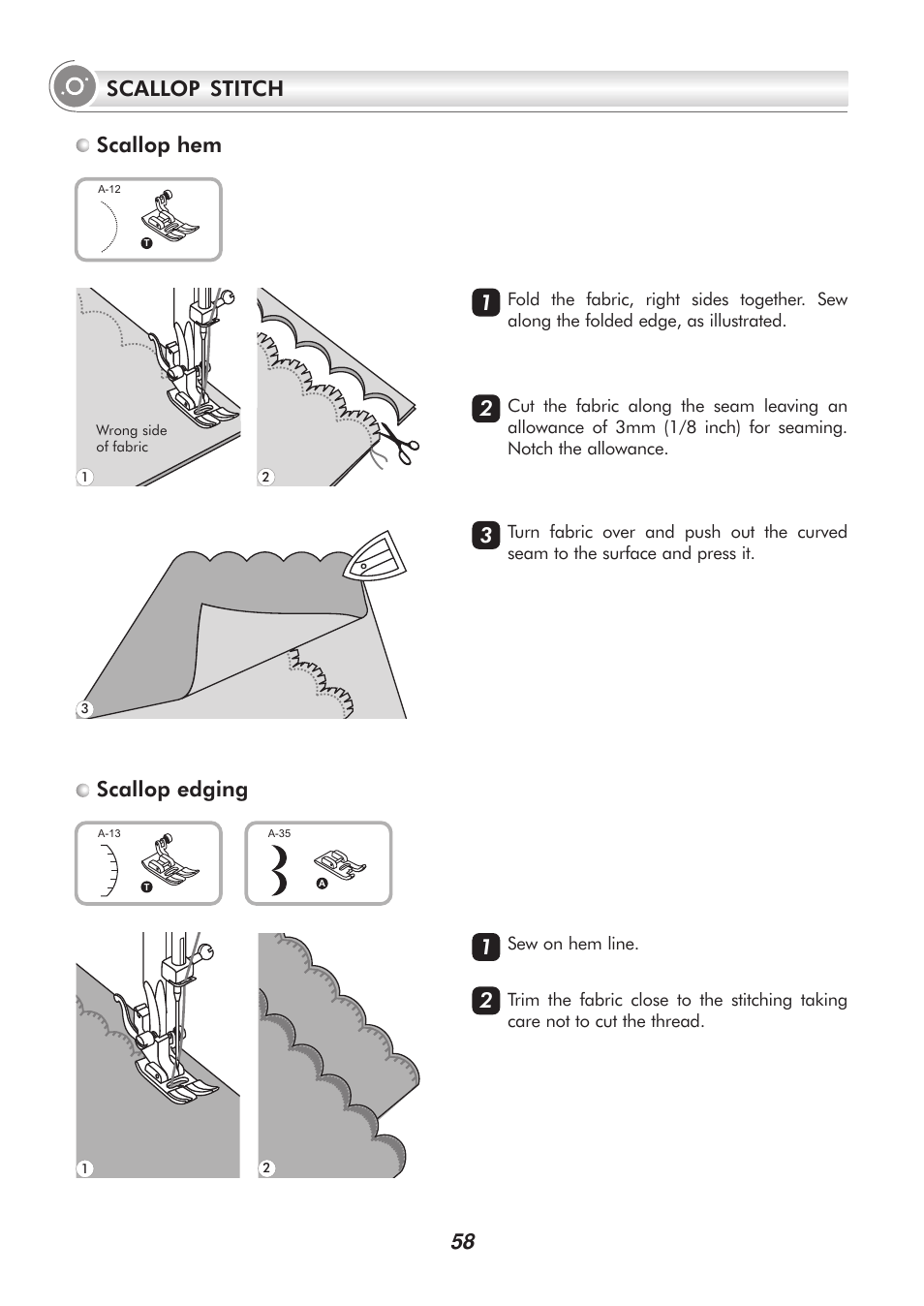 Scallop edging, Scallop stitch, Scallop hem 3 | SINGER PSW 1.00-WORKBOOK User Manual | Page 63 / 242