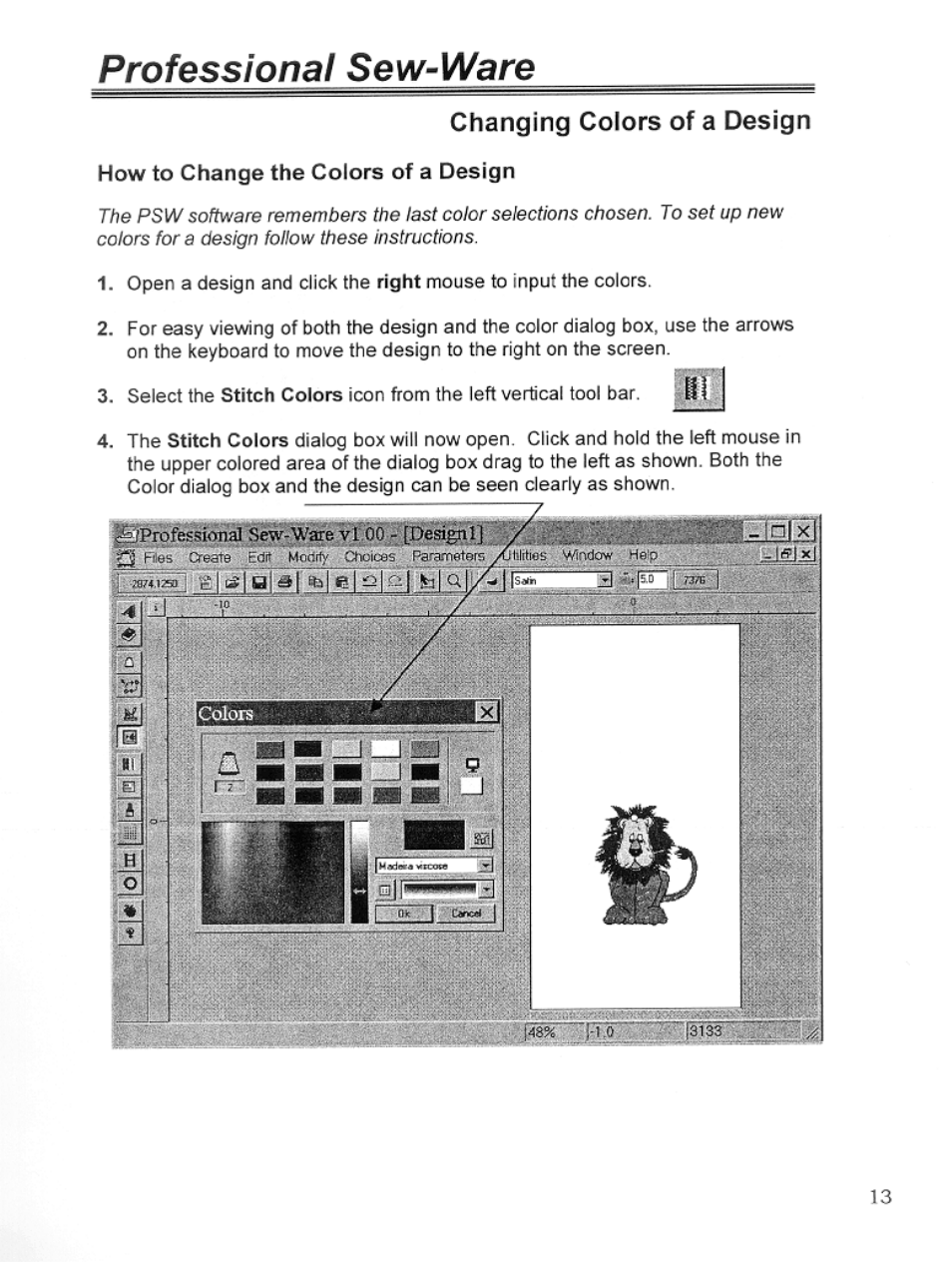 Changing colors of a design, Professional sew-ware | SINGER PSW 1.10-WORKBOOK User Manual | Page 15 / 80