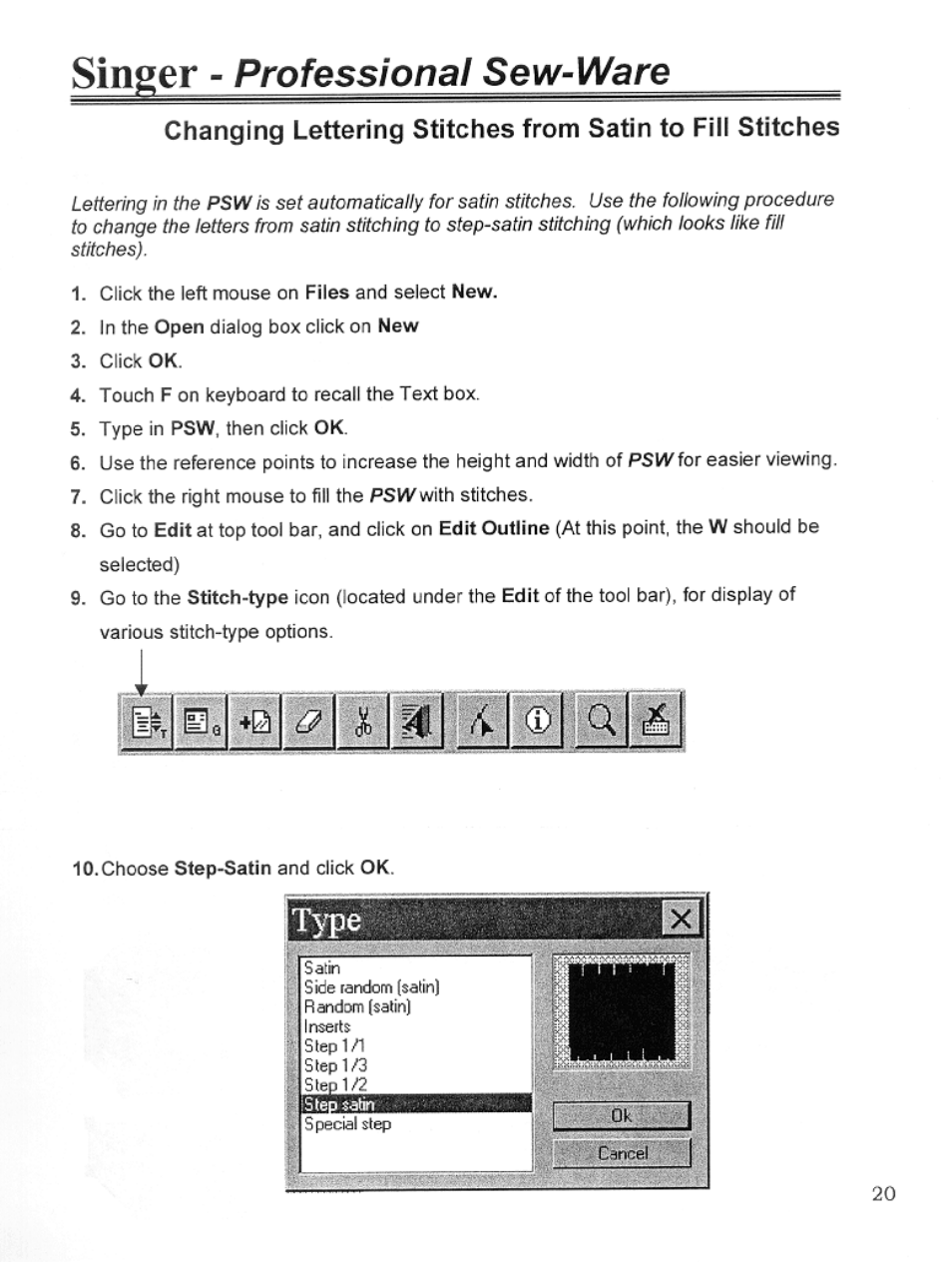 Changing lettering stitches from satin to fill, Singer, Professional sew-ware | SINGER PSW 1.10-WORKBOOK User Manual | Page 22 / 80