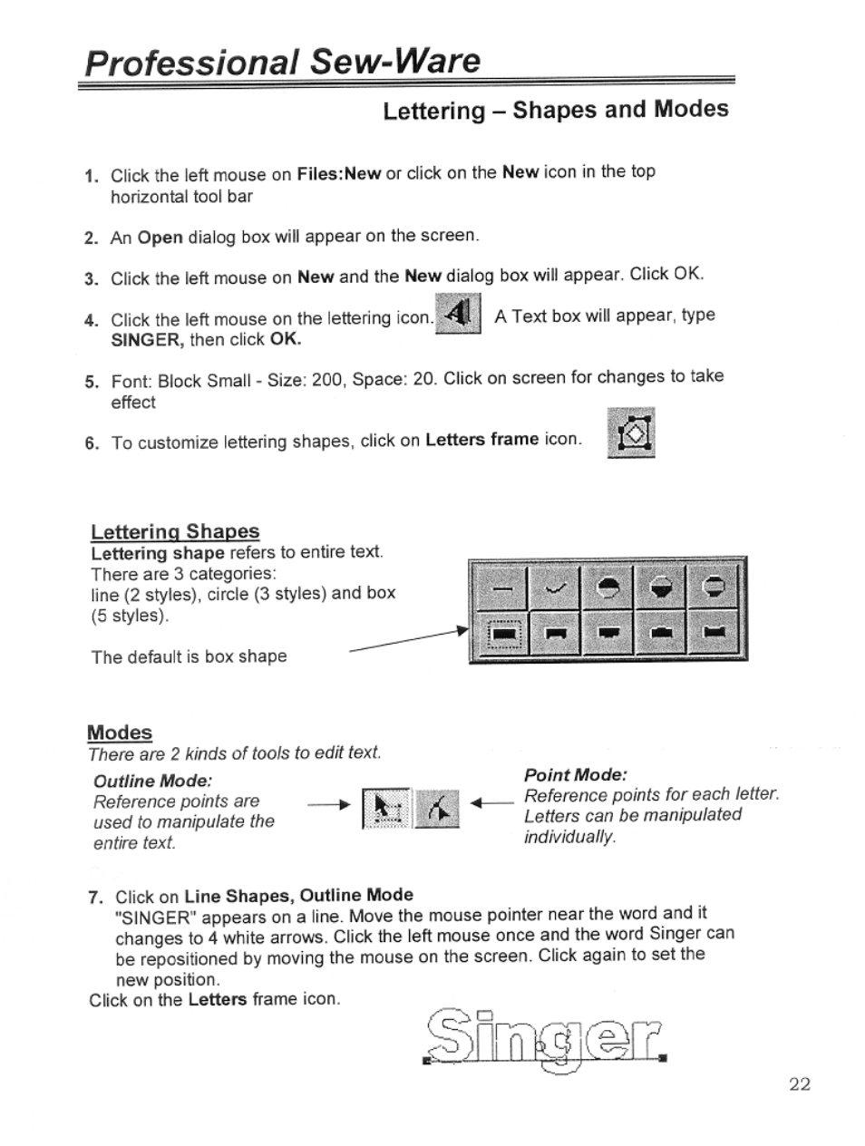 Lettering - shapes and modes, Lettering shapes and modes, Professional sew-ware | SINGER PSW 1.10-WORKBOOK User Manual | Page 24 / 80