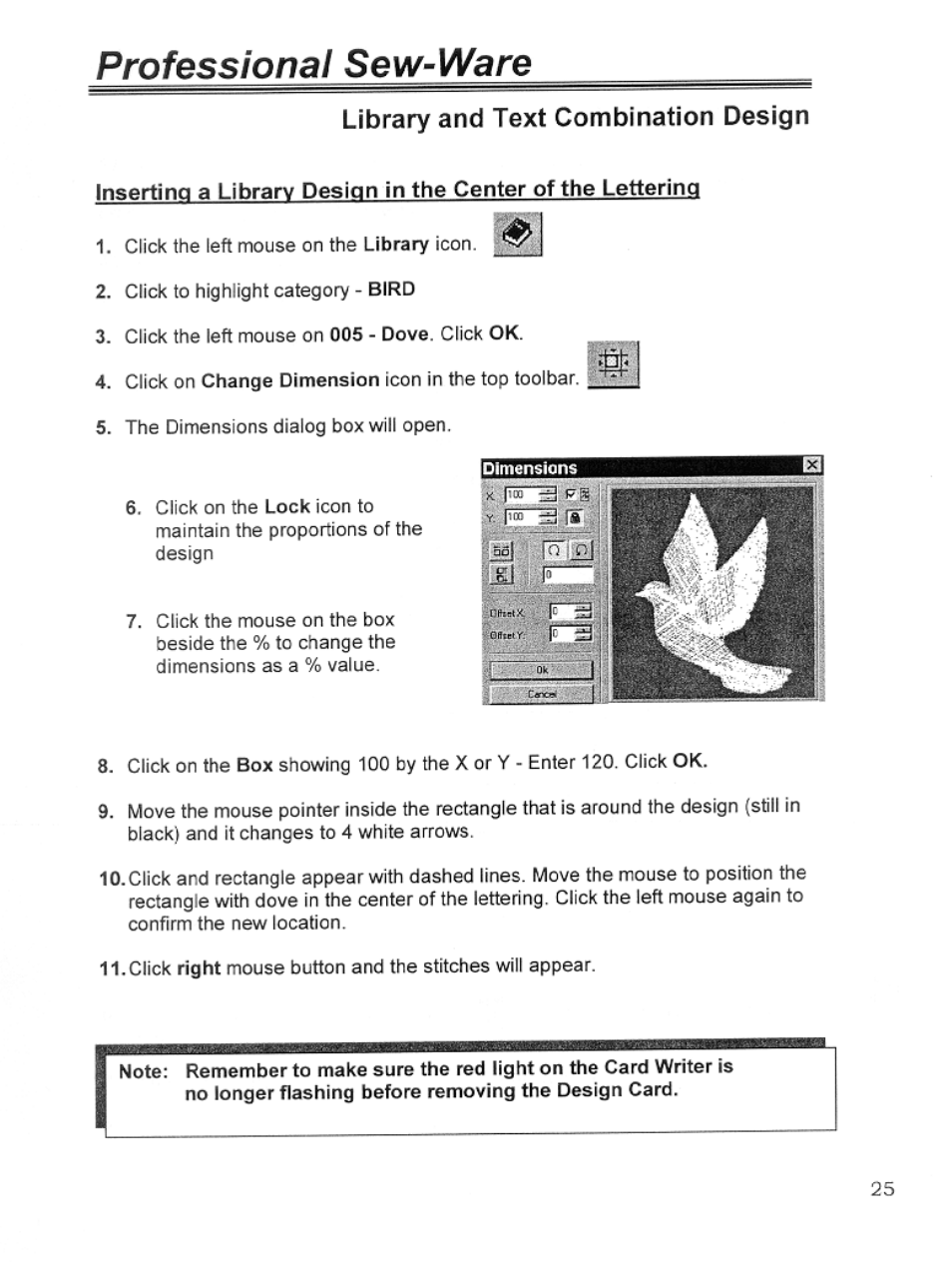 Library and text combination design, Library and text combinations, Professional sew-ware | SINGER PSW 1.10-WORKBOOK User Manual | Page 27 / 80