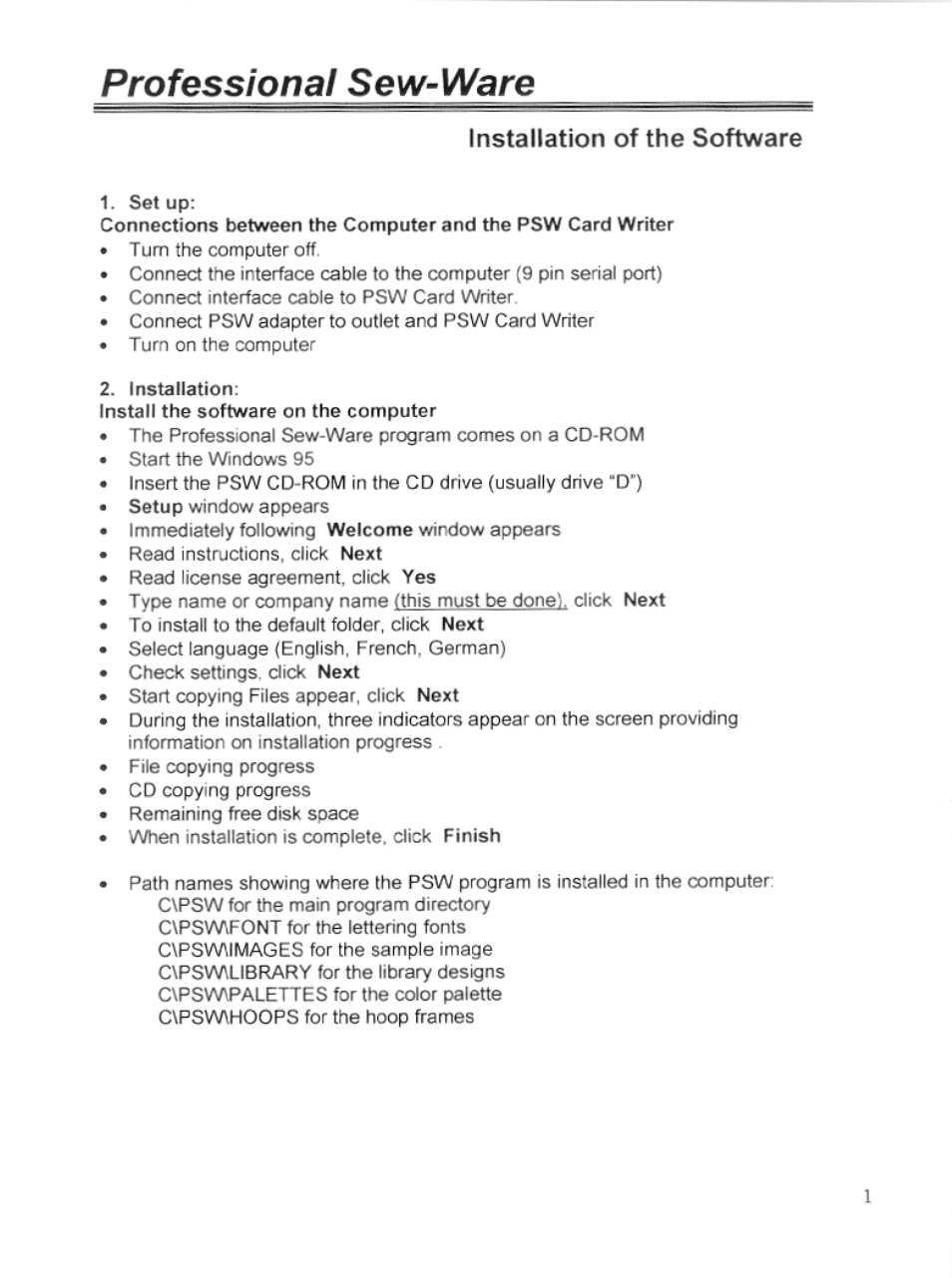 Installation of the software, Installing the software, Professional sew-ware | SINGER PSW 1.10-WORKBOOK User Manual | Page 3 / 80